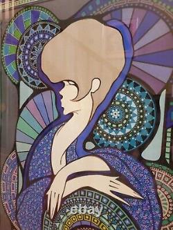 Une pièce d'art encadrée vintage unique en son genre, rétro des années 70, représentant une personne afro pourpre de milieu de siècle