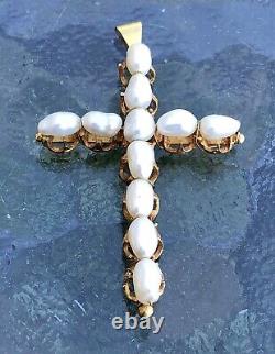 Vente Estate Vtg 14k Perle Véritable Crucifix De Croix Artisanale- Un D'un Genre