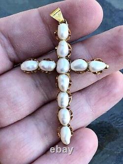 Vente Estate Vtg 14k Perle Véritable Crucifix De Croix Artisanale- Un D'un Genre