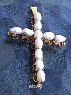 Vente Estate Vtg 14k Perle Véritable Crucifix De Croix Artisanale- Un D'un Genre