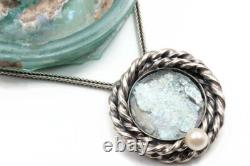 Verre romain Argent 925 Pendentif Unique Fragment de Verre Ancien Rond 200 av. J.-C.