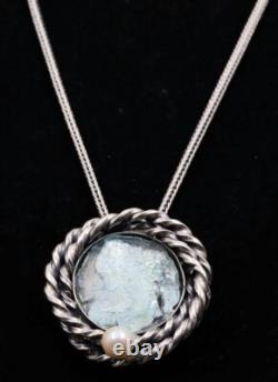 Verre romain Argent 925 Pendentif Unique Fragment de Verre Ancien Rond 200 av. J.-C.