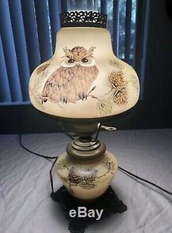 Vtg Gwtw Ouragan Vert Owl Raised Lampes En Laiton. One Of A Kind Peintes À La Main
